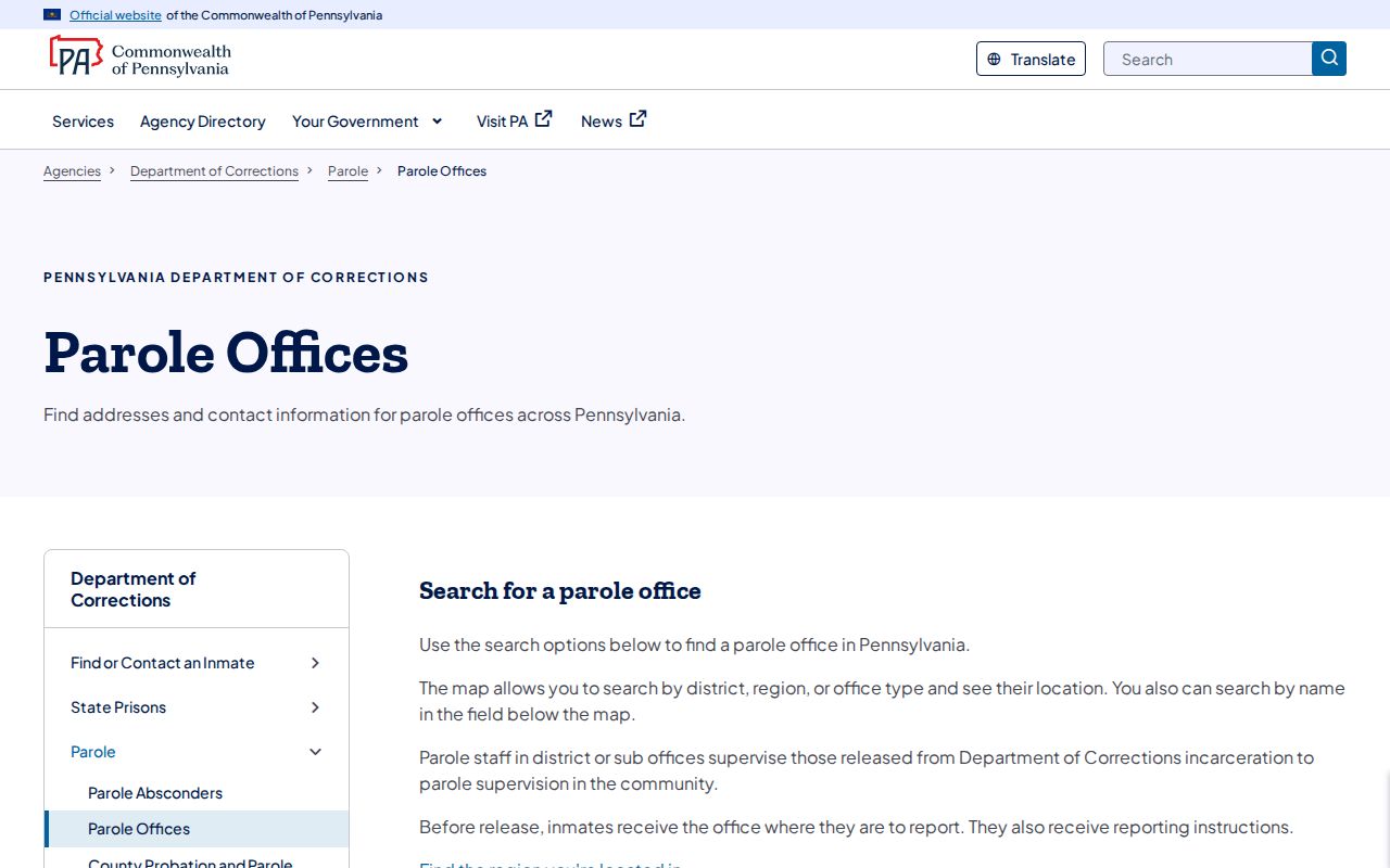 PA DOC parole office directory for Firetree Conewago Pottsville release supervision