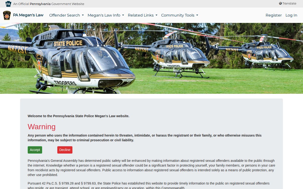 Pennsylvania State Police Megan's Law county search page