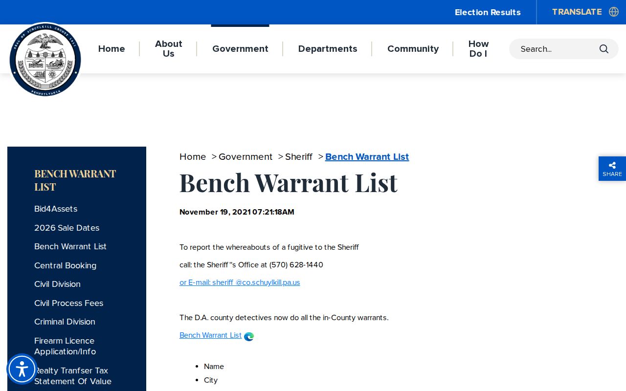 Schuylkill County Central Booking release context on the Sheriff bench warrant page