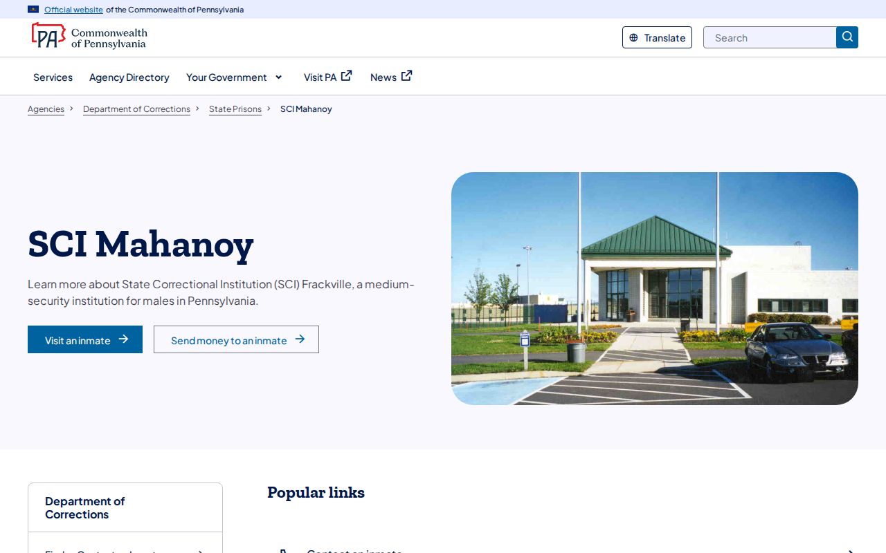 SCI Mahanoy official facility and release contact page